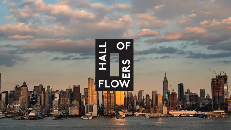 Manhattan skyline with the Hall of Flowers logo