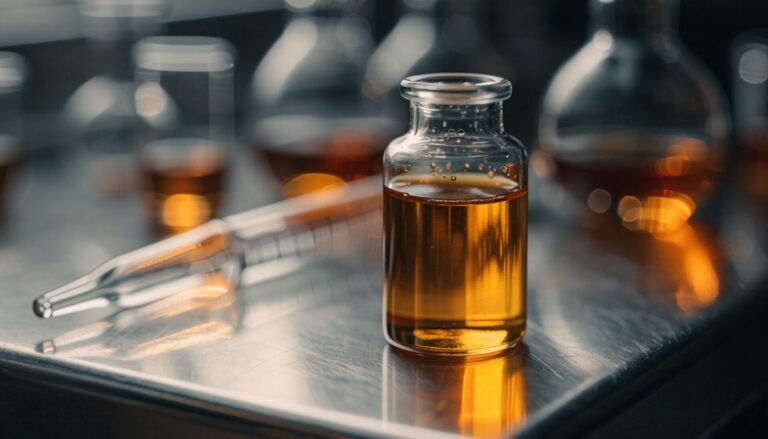 A small glass vial of amber extract on a laboratory bench