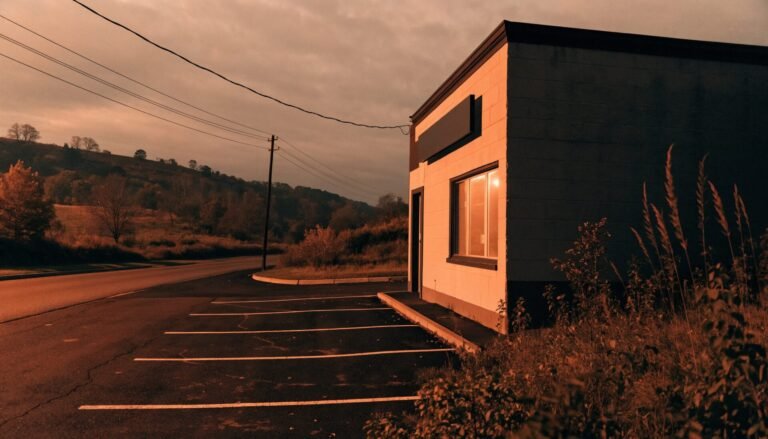 A small storefront building beside a rural road at dusk