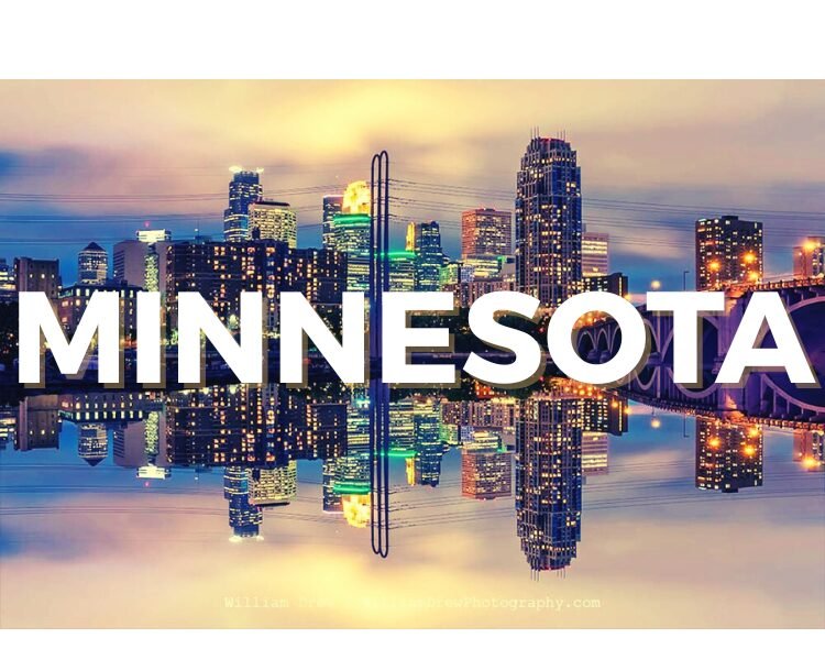Minneapolis skyline with the word Minnesota