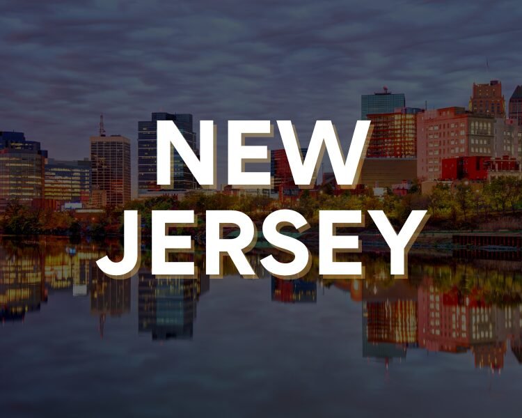 New Jersey skyline at dusk with the words New Jersey