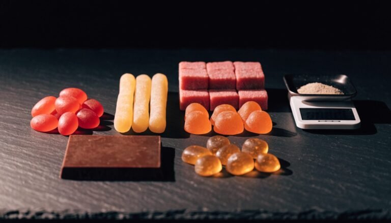 Gummies and a square of chocolate laid out in portions beside a small scale