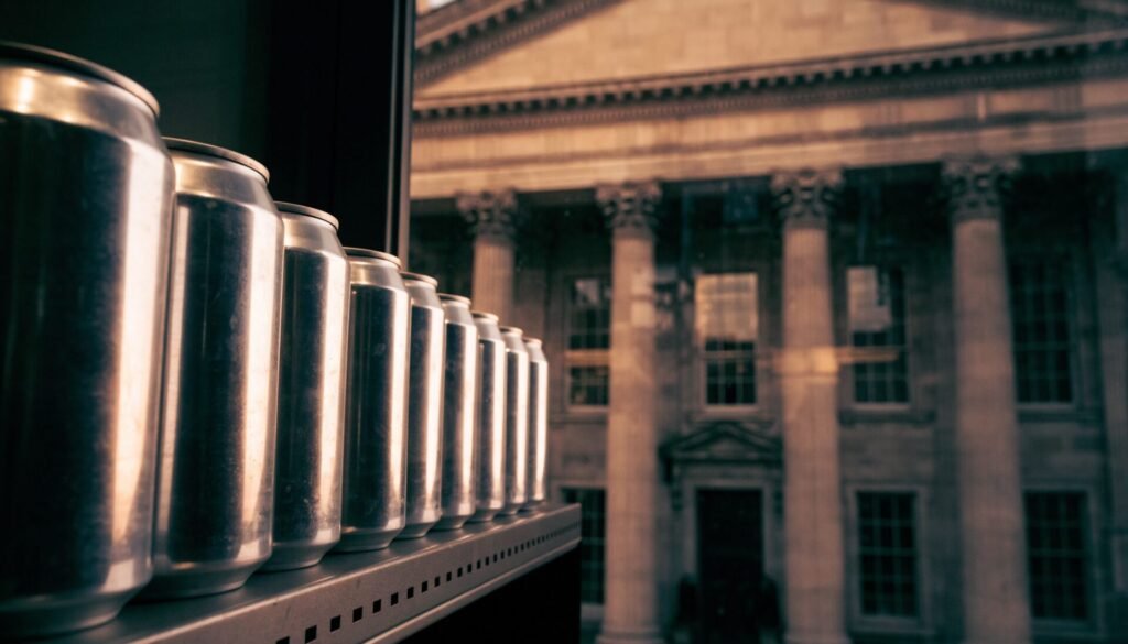 A row of plain beverage cans on a shelf with a courthouse in the background