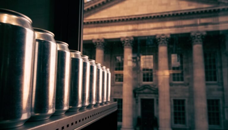 A row of plain beverage cans on a shelf with a courthouse in the background