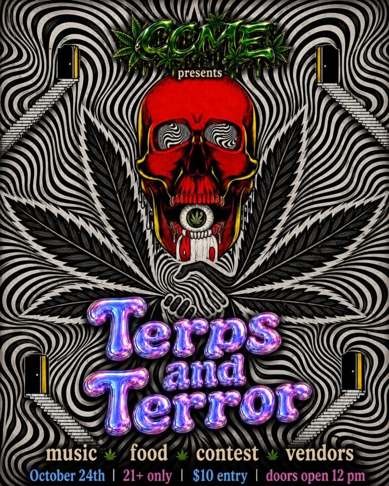Terps and Terror event poster with a skull and cannabis leaf