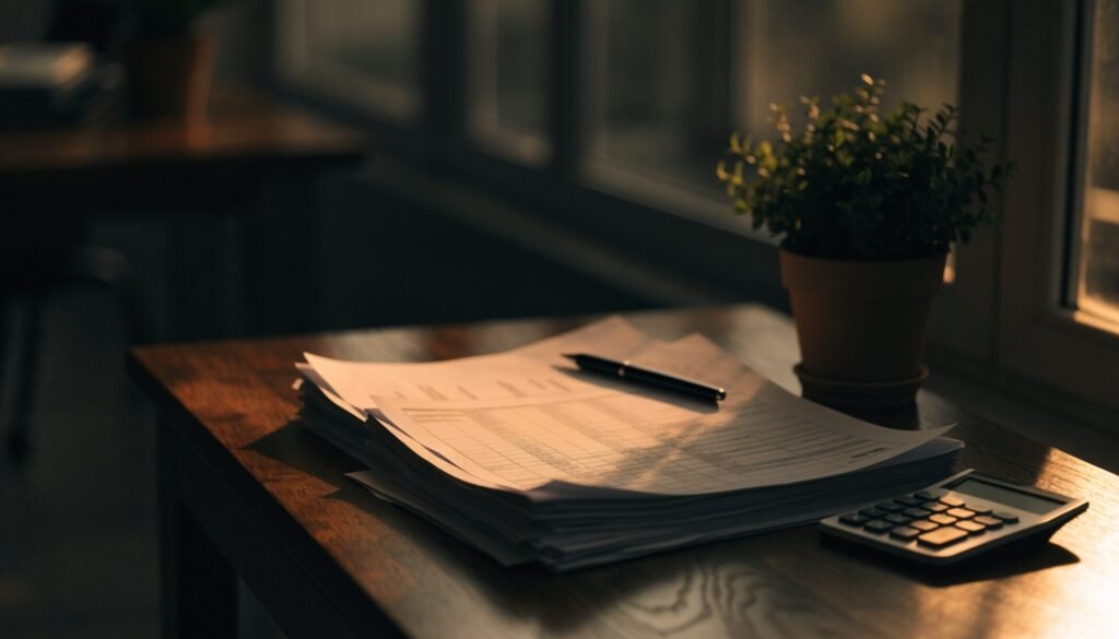 A stack of financial papers, a pen and a calculator on a desk