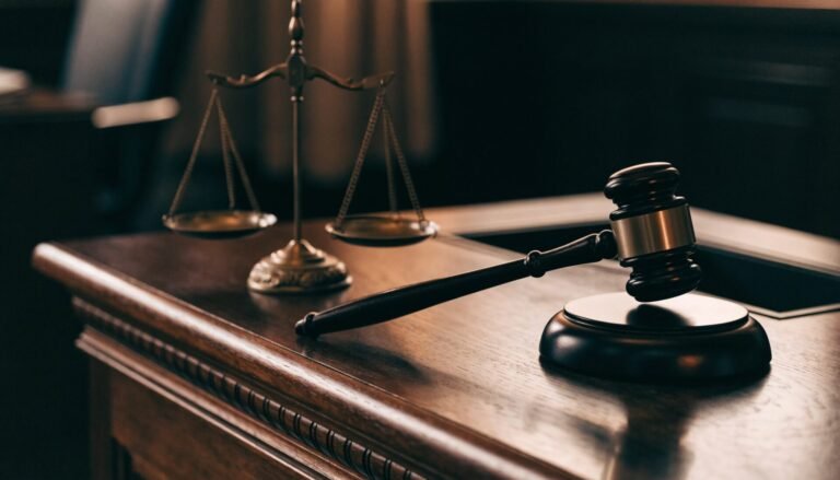 A wooden gavel and brass scales on a courtroom bench